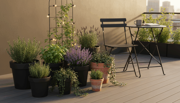 Simple garden ideas for small spaces — creative outdoor setups with potted plants, greenery, and cozy seating for compact home gardens.