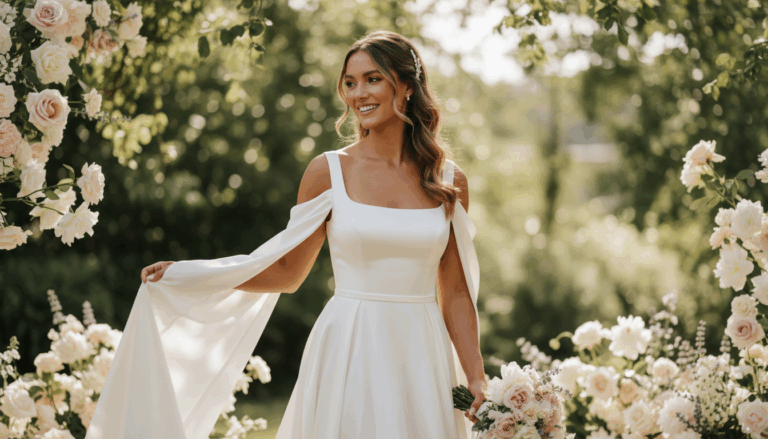 2025 wedding dress trends featuring modern, minimal, and dreamy bridal gowns — elegant silhouettes with timeless romantic details.