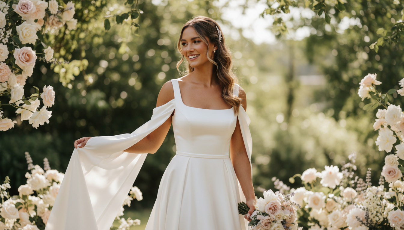 2025 wedding dress trends featuring modern, minimal, and dreamy bridal gowns — elegant silhouettes with timeless romantic details.