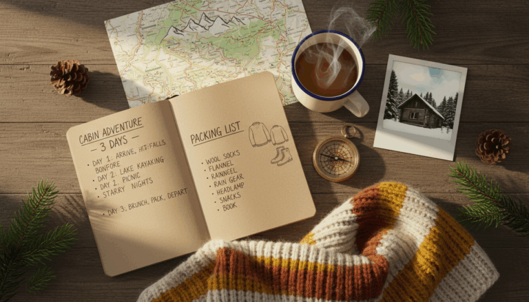 Three-day cozy cabin itinerary and packing list — essential items, warm outfits, and cozy details for a relaxing mountain getaway.
