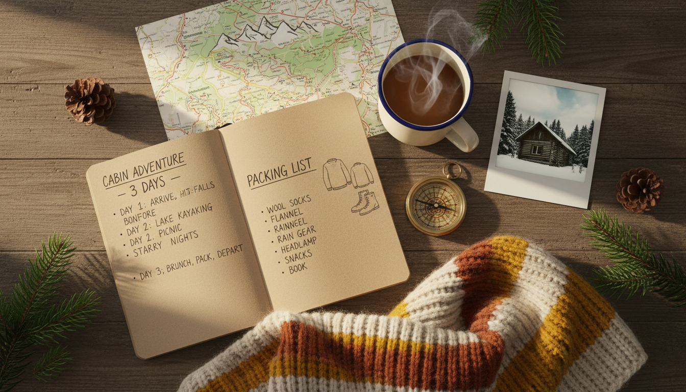 Three-day cozy cabin itinerary and packing list — essential items, warm outfits, and cozy details for a relaxing mountain getaway.