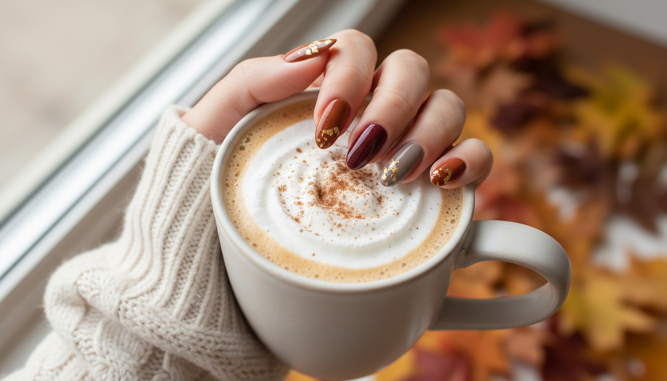 Cinnamon swirl fall nails with gold leaf accents — warm and elegant autumn manicure idea with cozy seasonal tones.