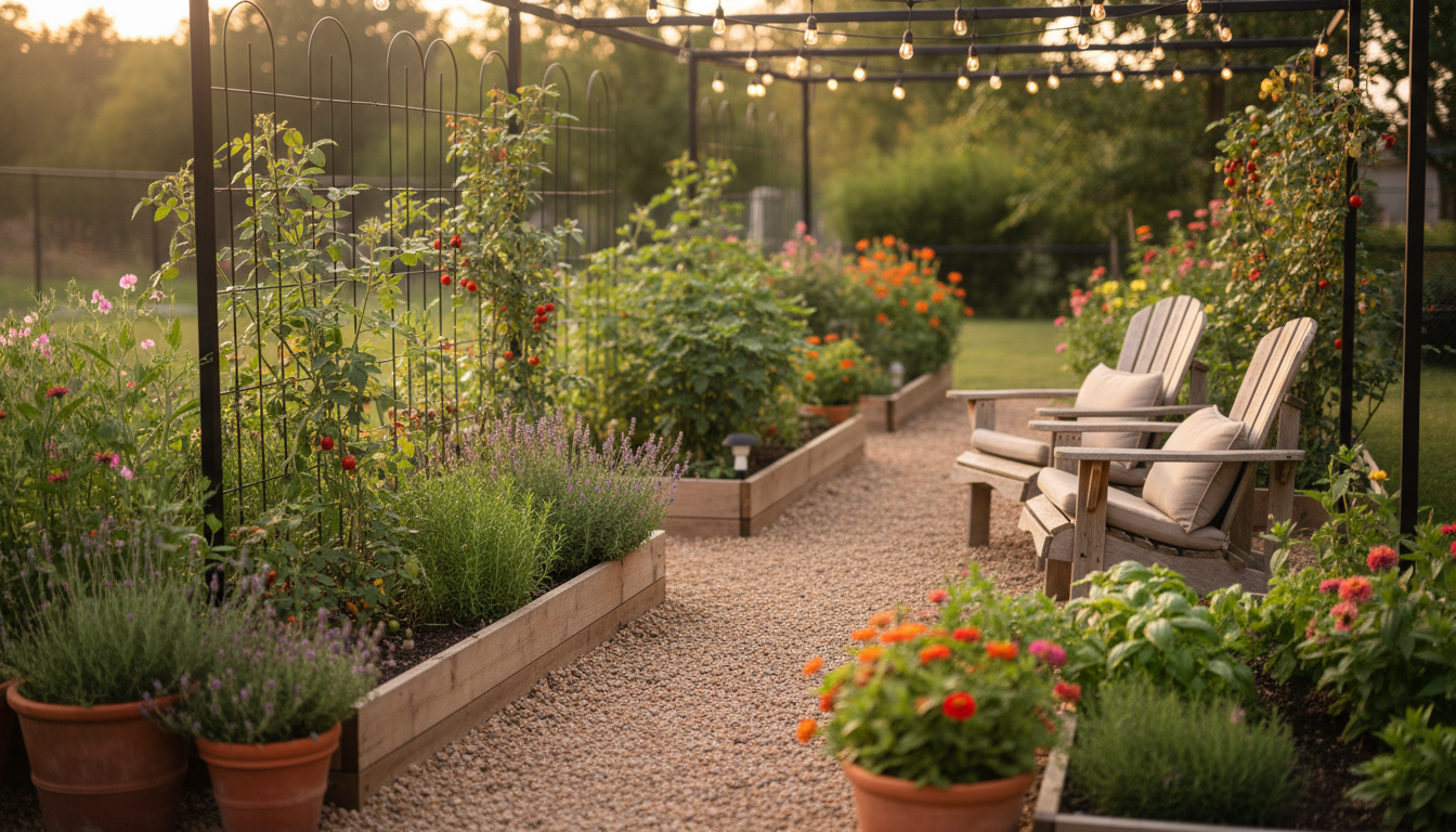 Cozy backyard garden with raised beds and string lights — warm outdoor retreat featuring plants, wood accents, and inviting evening ambience.