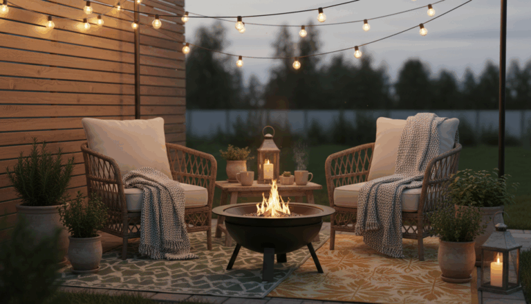 Cozy backyard ideas with warm lighting and inviting seating nooks — relaxing outdoor design inspiration for evenings and gatherings.