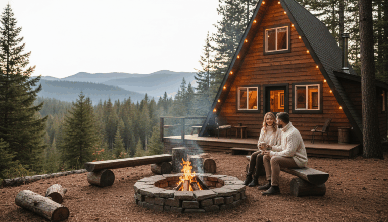 Cozy cabin getaway with a firelit interior — relaxing weekend in the woods featuring warm blankets, rustic decor, and a peaceful atmosphere.