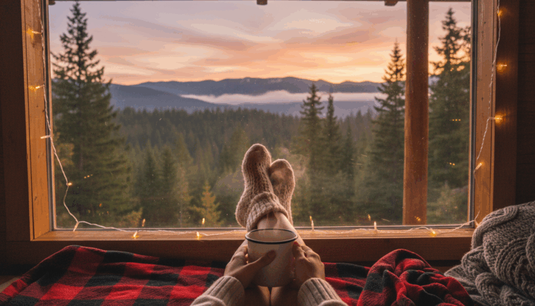 Cozy cabin trip aesthetic with plaid blankets, pine trees, and hot cocoa — warm and inviting winter getaway vibes.