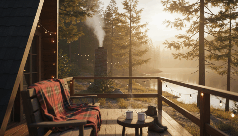 Cozy cabin trip ideas — weekend getaway inspiration with warm lighting, nature views, and rustic wooden interiors for a peaceful retreat.