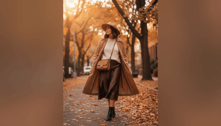 Cozy chic fall outfit with a soft sweater, midi skirt, and ankle boots — stylish autumn look blending comfort and elegance.