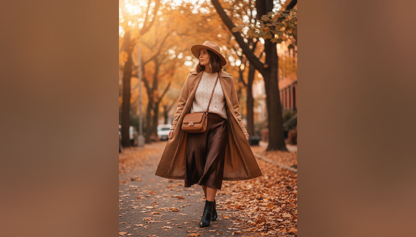 Cozy chic fall outfit with a soft sweater, midi skirt, and ankle boots — stylish autumn look blending comfort and elegance.