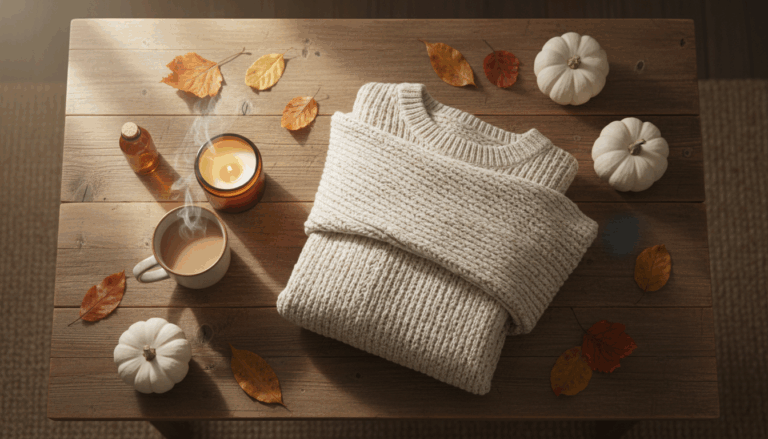 Image showing cozy fall aesthetic warm neutrals pumpkin vibes.
