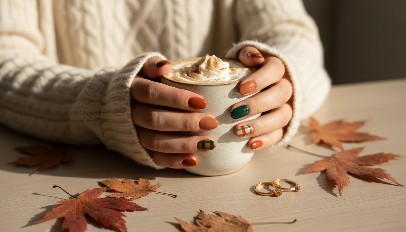Cozy fall nail designs with burnt orange tones and plaid tips — warm autumn manicure idea inspired by seasonal colors.
