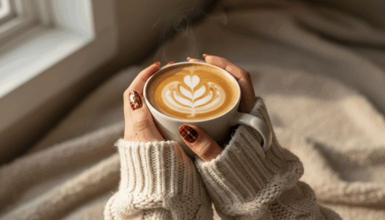 Cozy fall nails with rust plaid and gold leaf accents — warm, elegant autumn manicure inspiration.