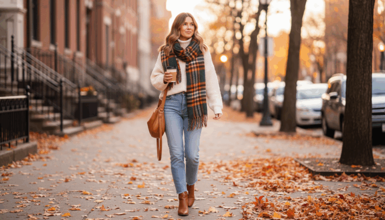 Cozy fall outfit formula — warm neutral sweater, classic jeans, and tan boots for effortless autumn style.