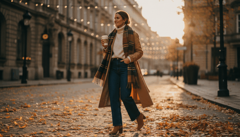Image showing cozy fall outfit ideas camel trench jeans boots.