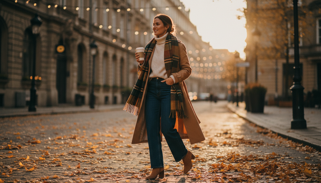 Image showing cozy fall outfit ideas camel trench jeans boots.