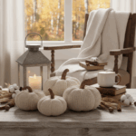 Cozy living room styled for fall with a neutral sofa, chunky knit throw, plaid pillows, eucalyptus garland, ceramic pumpkins on a wood coffee table, brass candleholders glowing, and warm beige and terracotta accents.