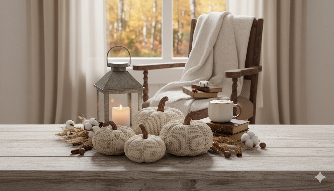 Cozy living room styled for fall with a neutral sofa, chunky knit throw, plaid pillows, eucalyptus garland, ceramic pumpkins on a wood coffee table, brass candleholders glowing, and warm beige and terracotta accents.