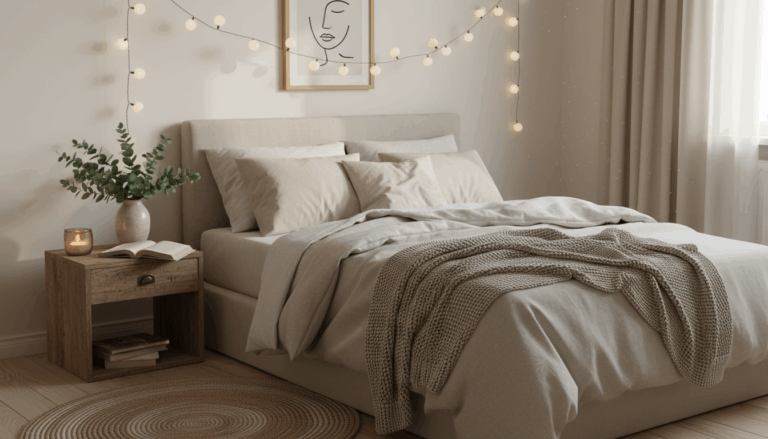 Cozy bedroom setup with warm lighting, soft textures, and neutral tones — budget-friendly decorating ideas for a comfortable and stylish space.