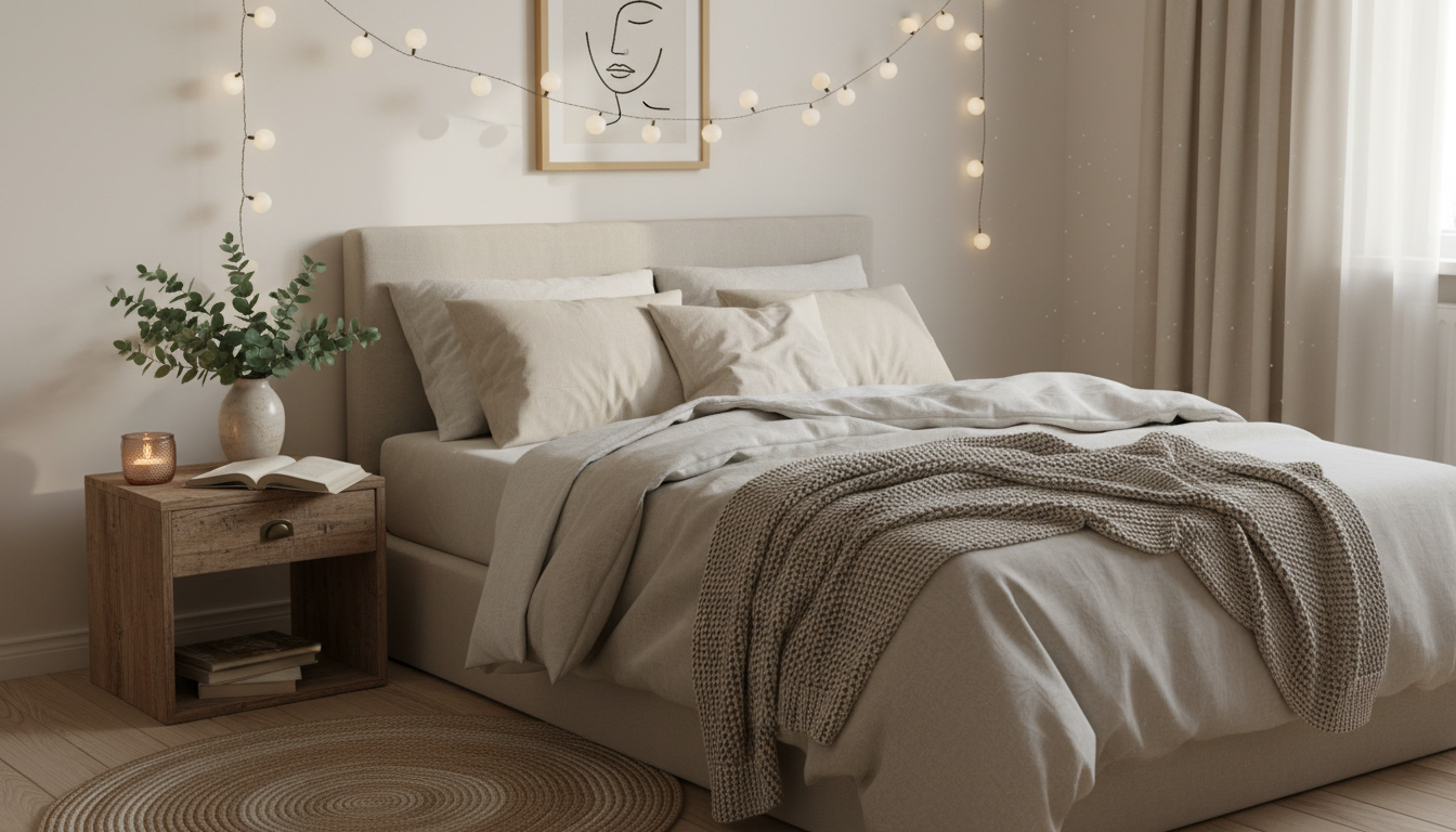 Cozy bedroom setup with warm lighting, soft textures, and neutral tones — budget-friendly decorating ideas for a comfortable and stylish space.
