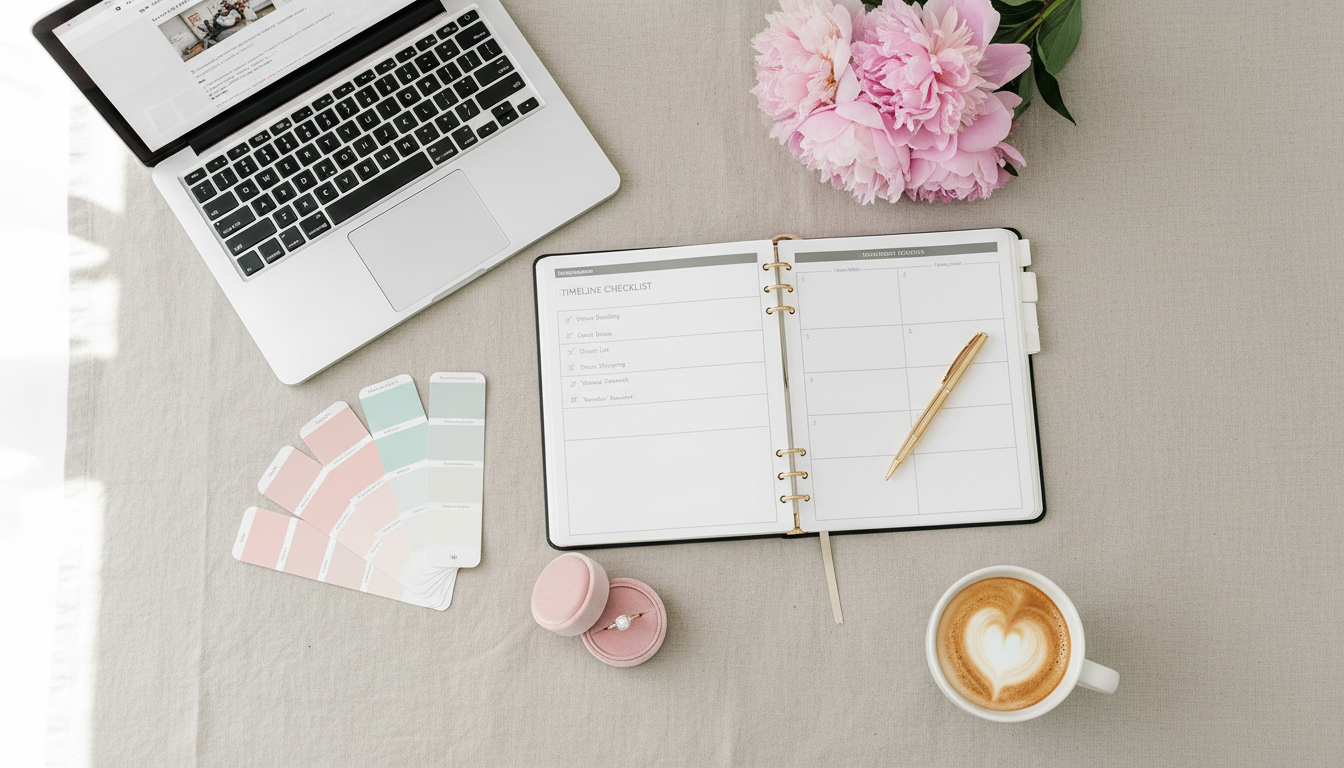 Dream wedding planning vision board with timeline, mood images, and elegant inspiration for brides creating their perfect day