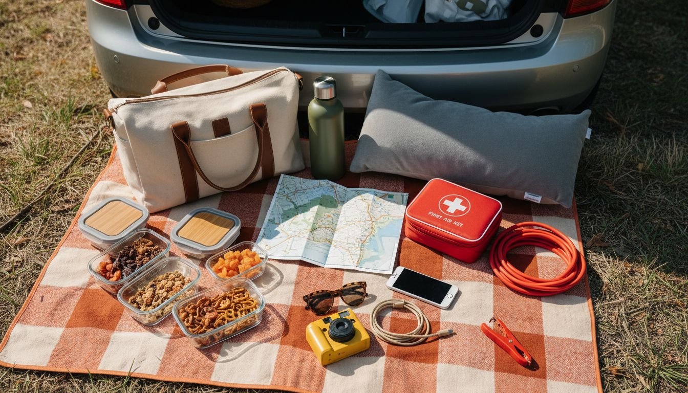 Road trip essentials flat lay — travel bag, snacks, and accessories for a comfortable and stress-free drive.
