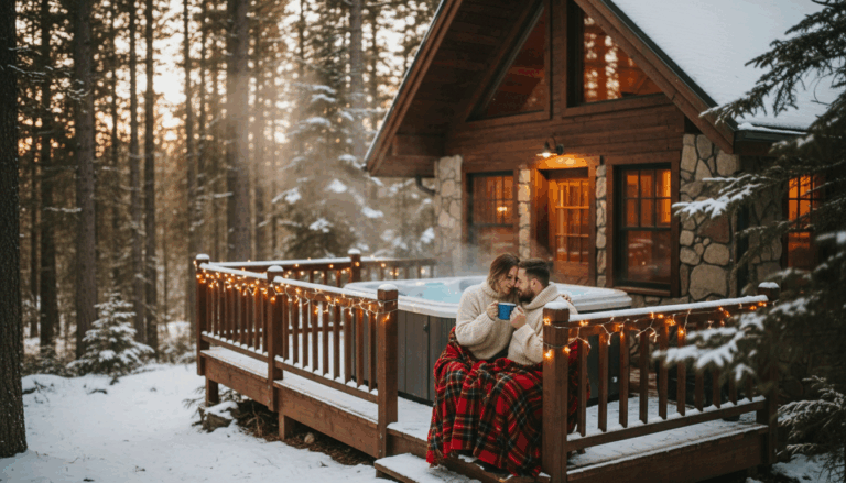 Romantic cabin getaway setup — cozy weekend retreat for two with warm lighting, soft blankets, and a peaceful nature backdrop.