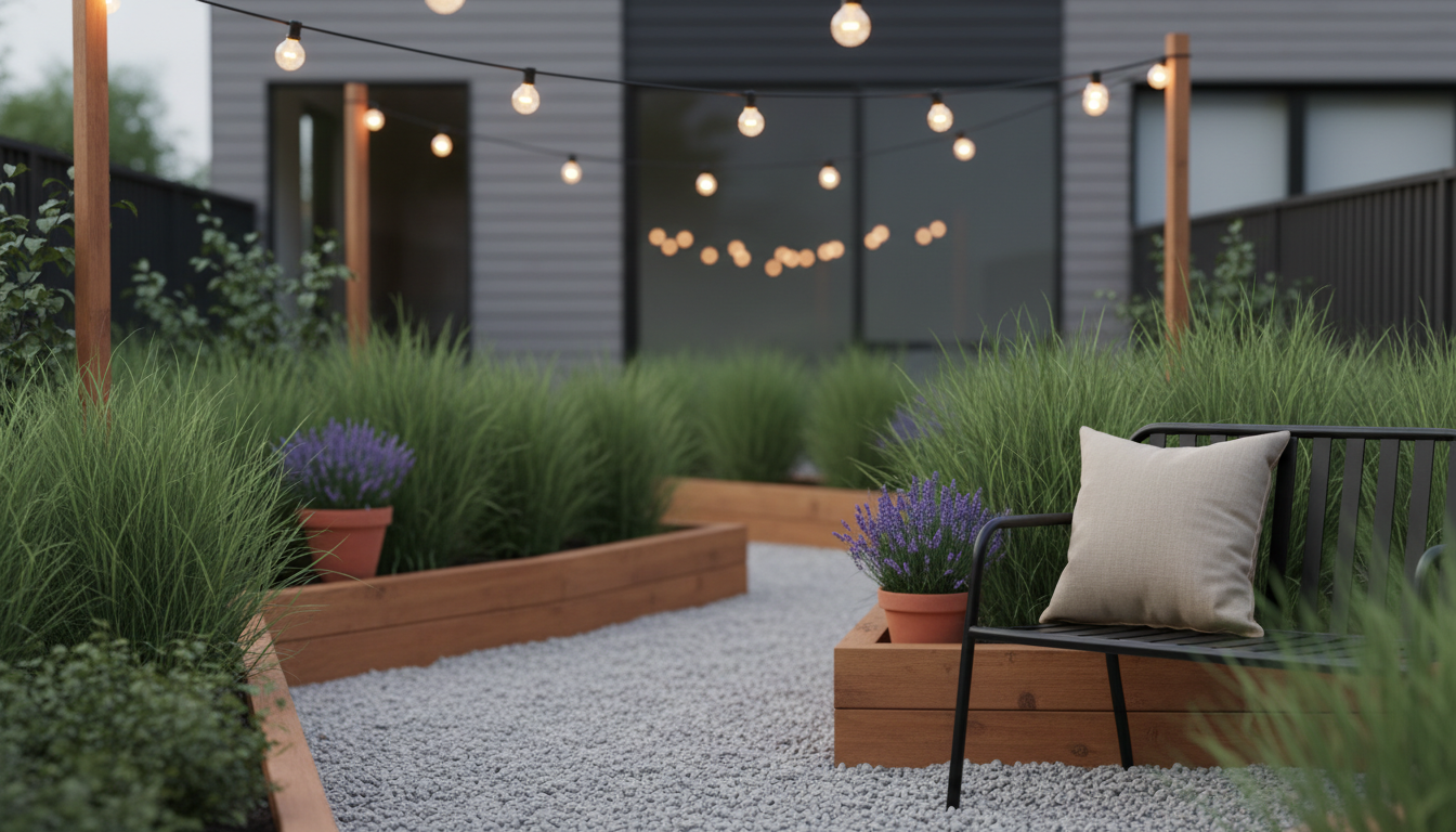 Small backyard oasis with a modern garden layout — cozy outdoor retreat featuring greenery, seating, and minimalist home design elements.