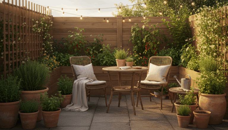 Small-space home garden with cozy, lush greenery — inviting outdoor nook featuring plants, natural textures, and warm decorative touches.