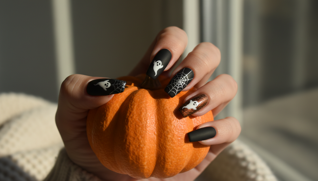 Spooky chic Halloween nails with easy DIY designs — creative manicure ideas featuring matte black, orange, and ghost-inspired accents.