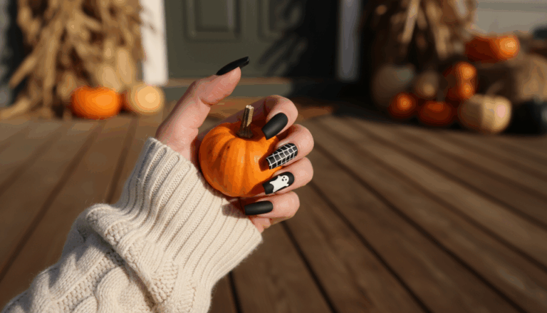 Spooky-chic Halloween nails with black and orange accents — easy, trendy manicure ideas for October.