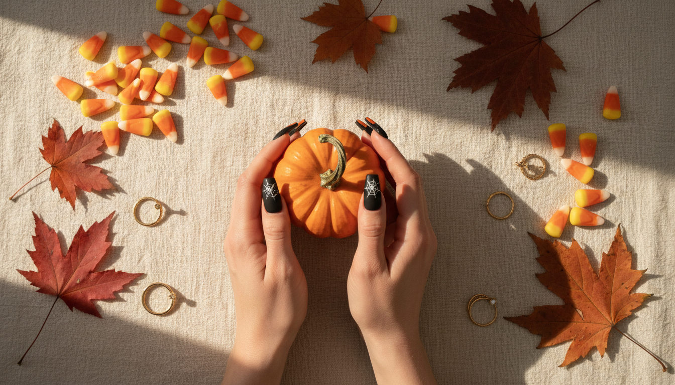 Spooky chic Halloween nails with matte black and pumpkin orange tones — trendy manicure combining bold contrast and festive fall style.