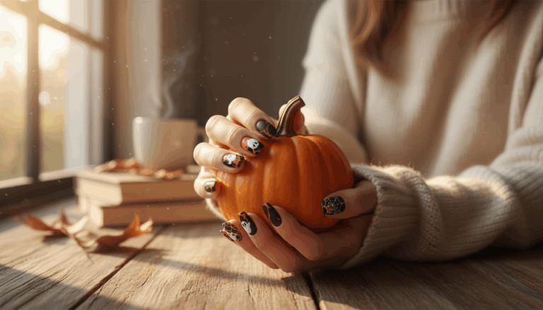 Cozy spooky-cute Halloween nails with playful ghost and pumpkin designs — easy manicure ideas combining festive charm with trendy fall colors.