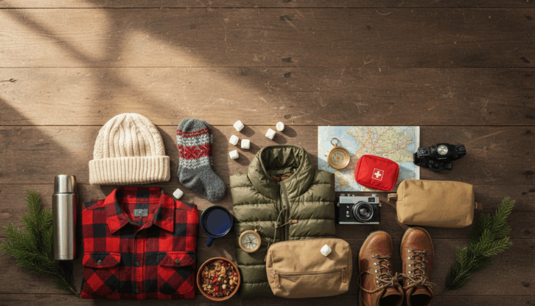 Ultimate cabin trip packing list — cozy essentials like blankets, boots, and warm layers for a comfortable mountain getaway.