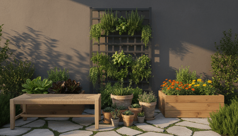 House garden ideas for small spaces — smart outdoor design inspiration with potted plants, vertical gardens, and cozy patio decor.