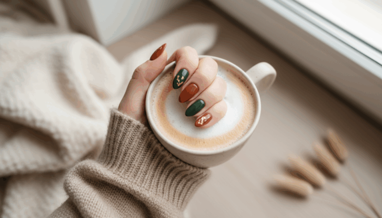 Cinnamon spice fall nails with warm brown and amber tones — trendy autumn manicure idea inspired by cozy seasonal colors.