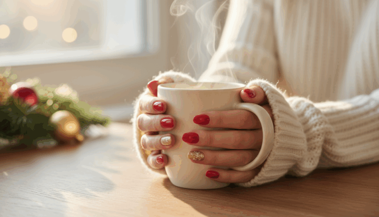 Cozy Christmas nails with red and gold polish and delicate snowflake accents — festive winter manicure inspiration for the holiday season.