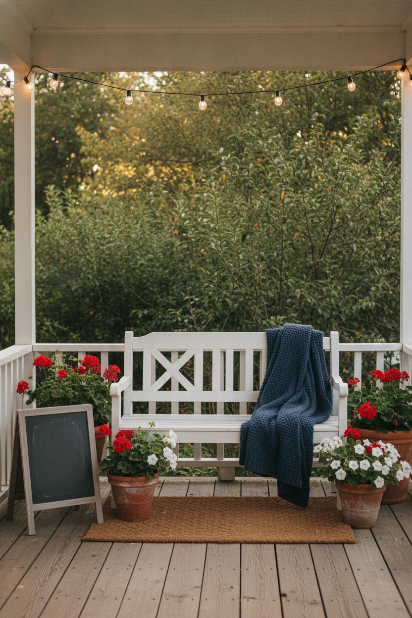 Cozy front porch with white bench, red geraniums, and string lights — 4th of July home decorating ideas