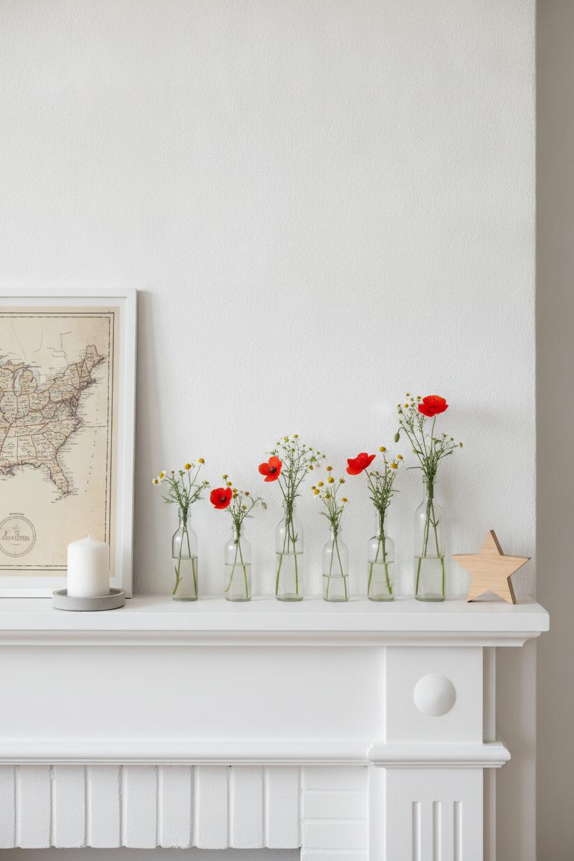 Minimalist 4th of July home decorating ideas with wildflowers in glass bottles on a white fireplace mantel