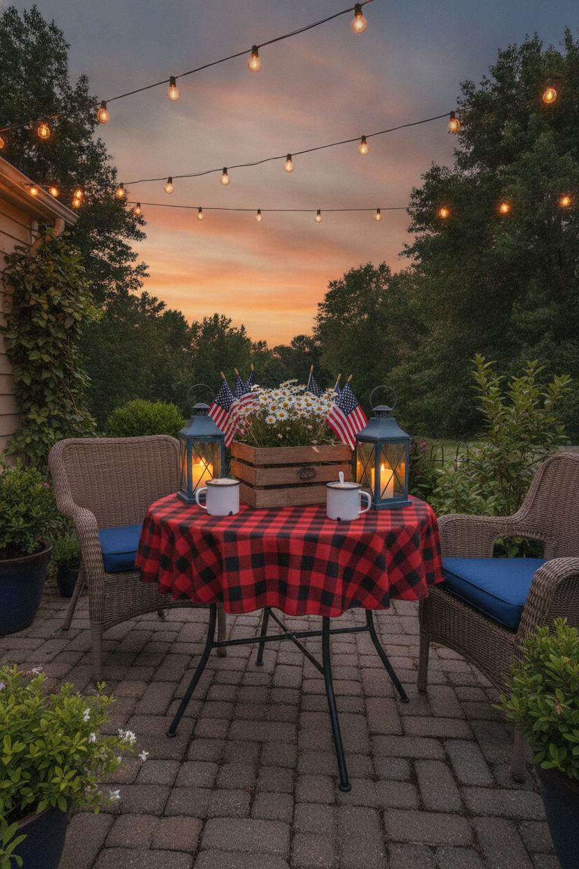 Patriotic patio with red buffalo check tablecloth, American flags, daisies, and blue lanterns — 4th of July home decorating ideas