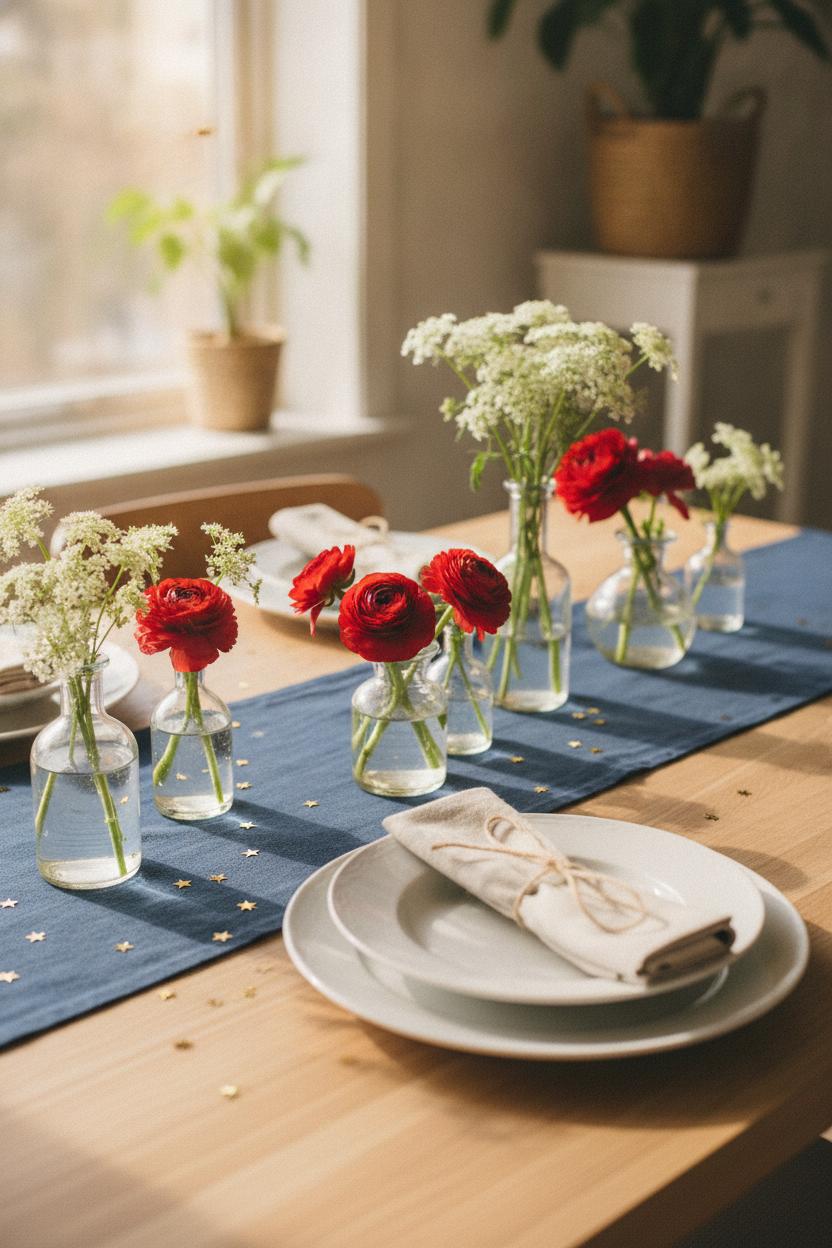 Summer dining table with navy runner, red ranunculus, white florals, and star confetti — 4th of July home decorating ideas