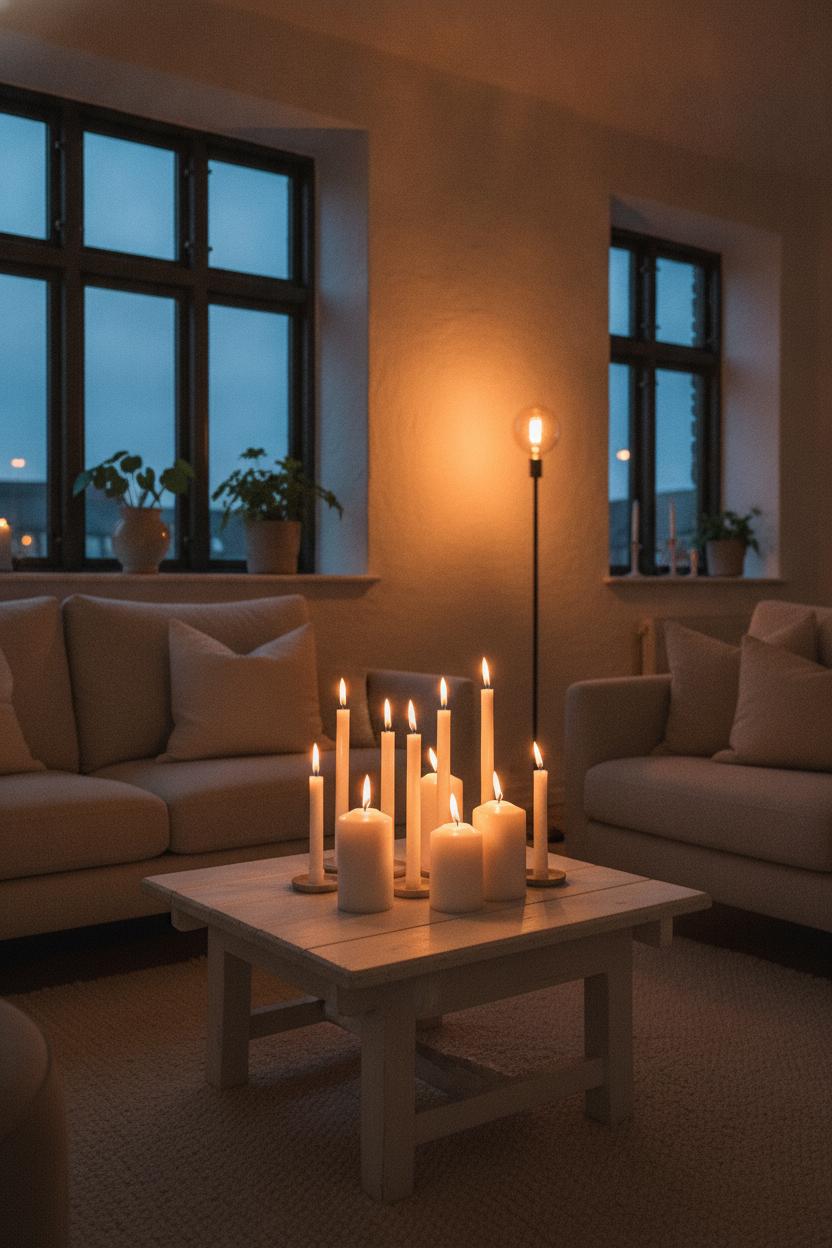 Cozy hygge living room decor ideas with warm lighting, soft throws, and candles for a relaxing atmosphere