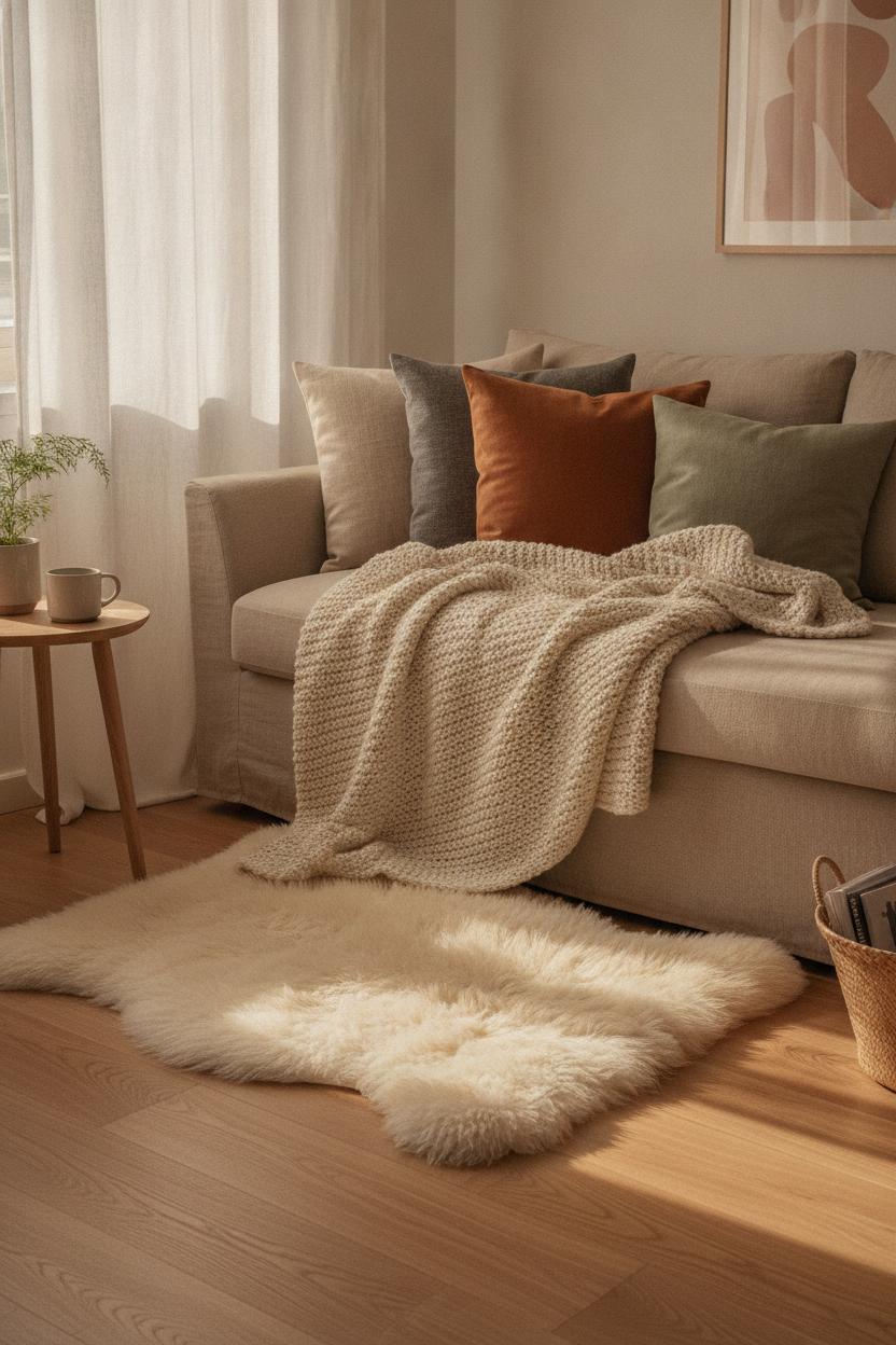Cozy hygge living room decor ideas with warm lighting, soft throws, and candles for a relaxing Scandinavian atmosphere