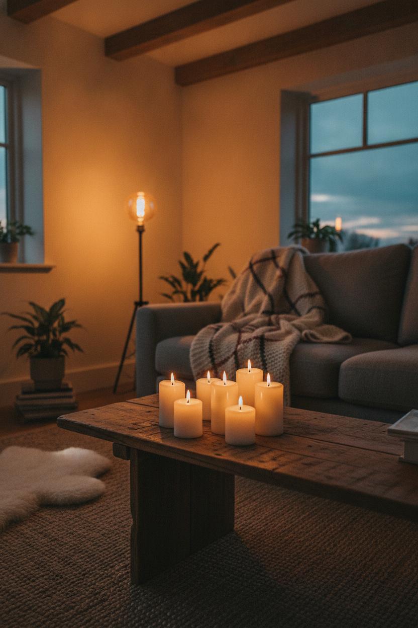 Hygge living room decor ideas with greige walls, linen sofa, jute rug, and warm afternoon light