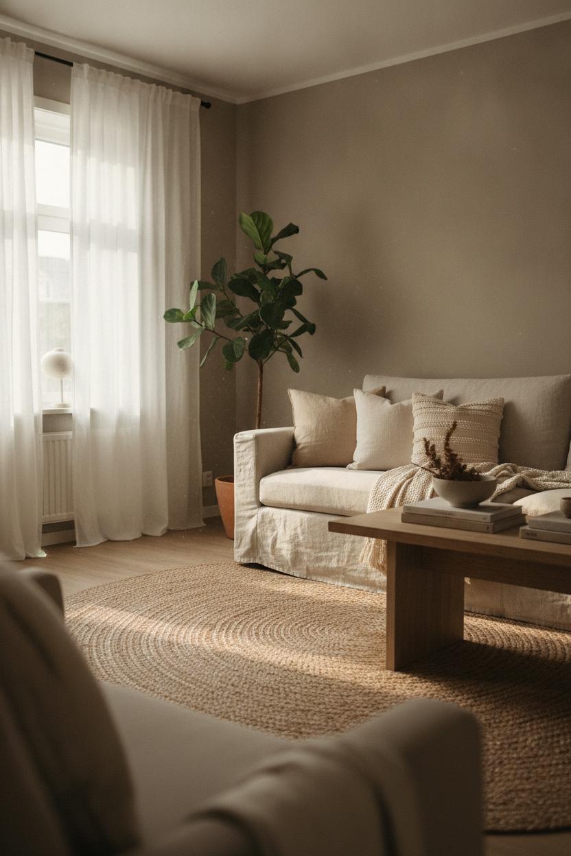 Scandinavian hygge living room decor ideas with greige walls, linen sofa, jute rug, and warm afternoon light