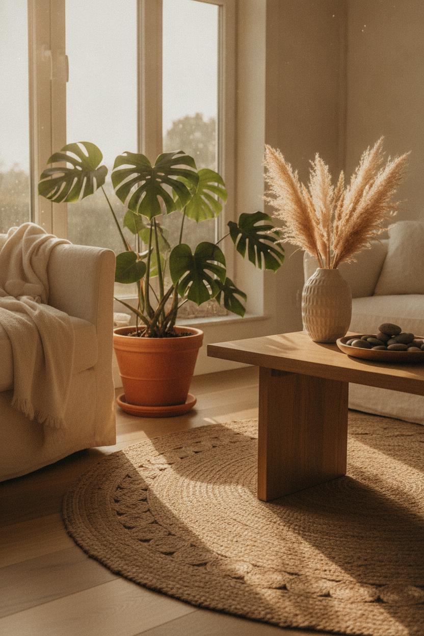 Bright Scandinavian living room with linen sofa and sage pillows — cozy summer living room refresh with sheer curtains and rattan accents