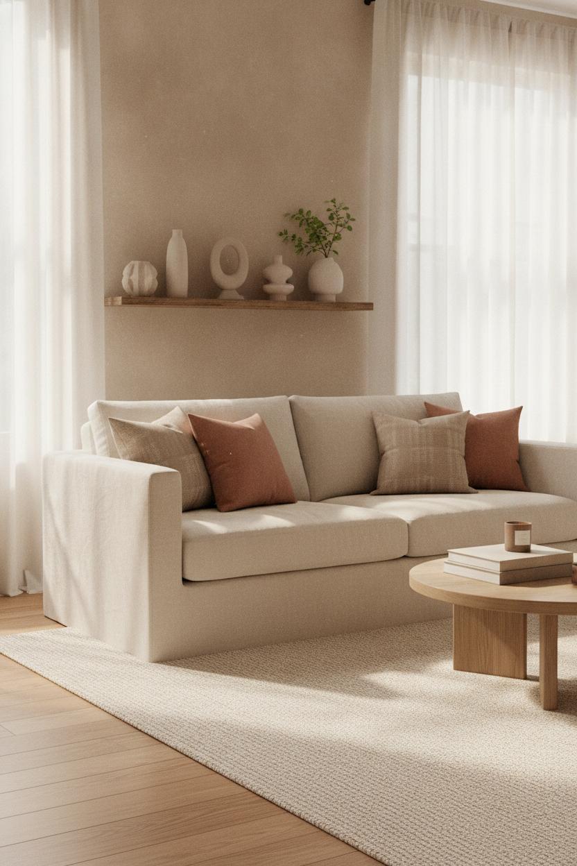 Bright Scandinavian living room with linen sofa and sage pillows — cozy summer living room refresh with sheer curtains and rattan accents
