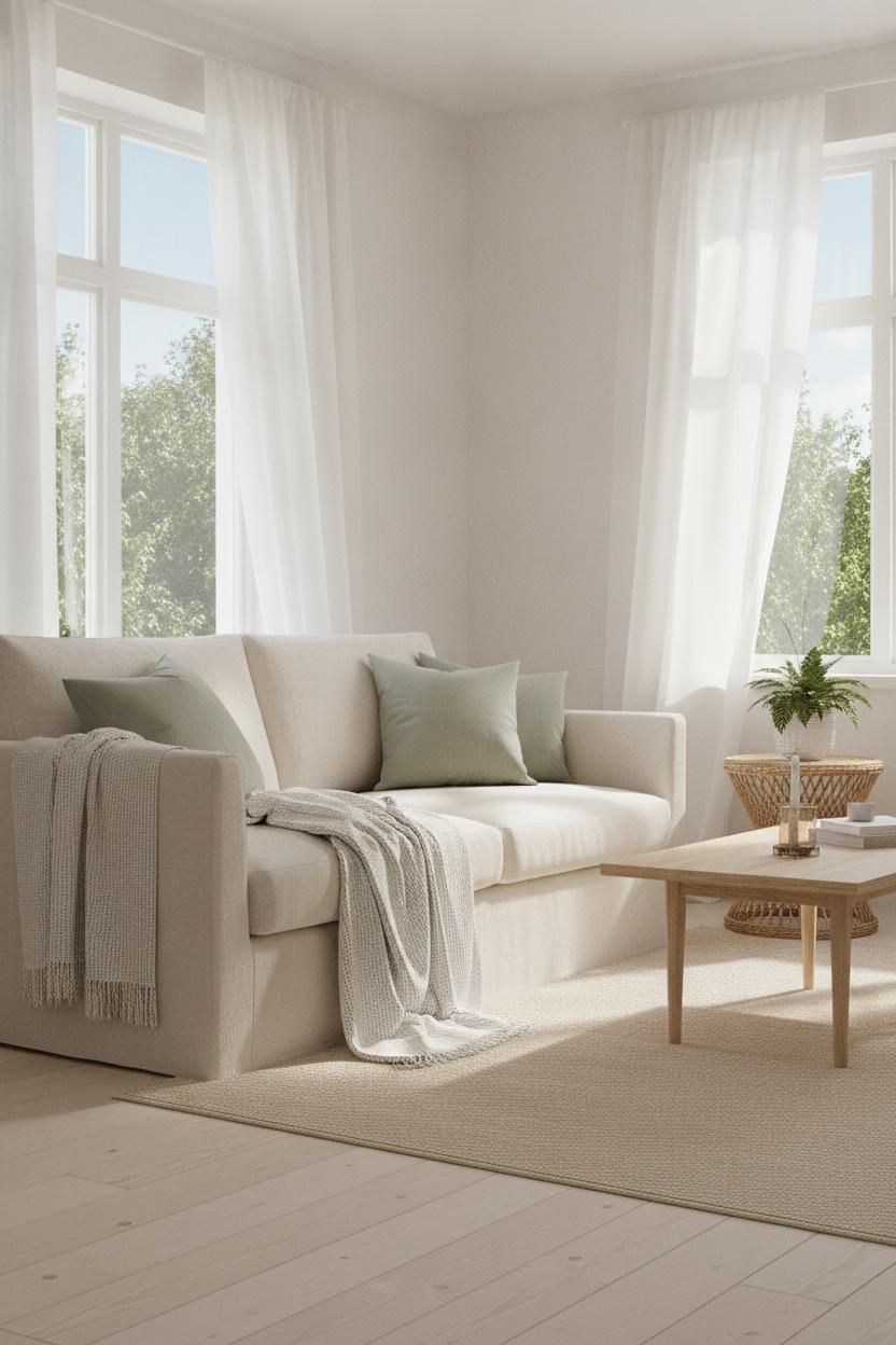 Bright Scandinavian living room with linen sofa and sage pillows — a cozy summer living room refresh with sheer curtains and rattan accents