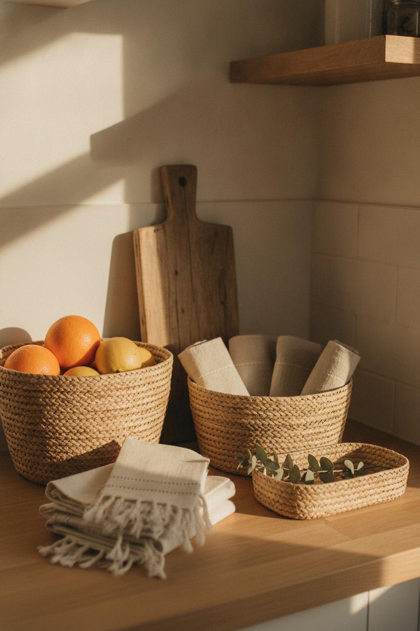 Cozy kitchen countertop with seagrass baskets, driftwood board, and dried eucalyptus — coastal boho kitchen decor ideas