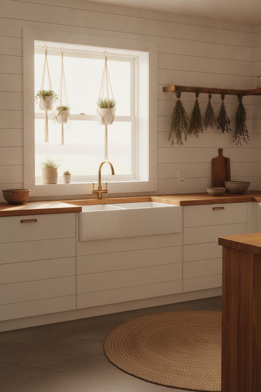 Bright coastal boho kitchen decor ideas with shiplap walls, farmhouse sink, butcher block counters, and dried herbs in morning light