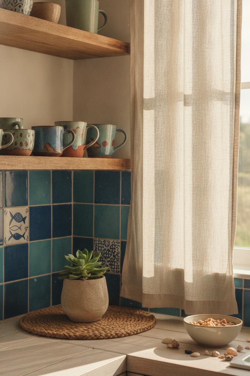 Coastal boho kitchen decor ideas with blue terracotta mugs, woven trivet, hand-painted tile backsplash, and linen curtains